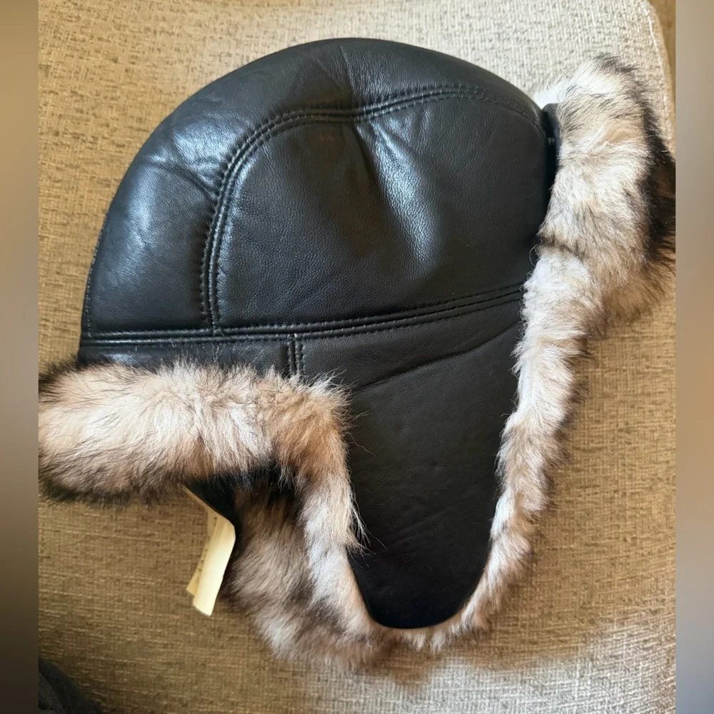 Zabari 100% Genuine Leather Black Trapper Hat with Fur Trim and Ear Flaps NWT